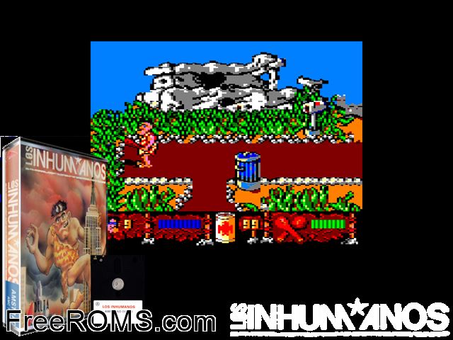 Los Inhumanos (S) (1990) [t1] Amstrad CPC game showing 3D box cover and gameplay screenshot